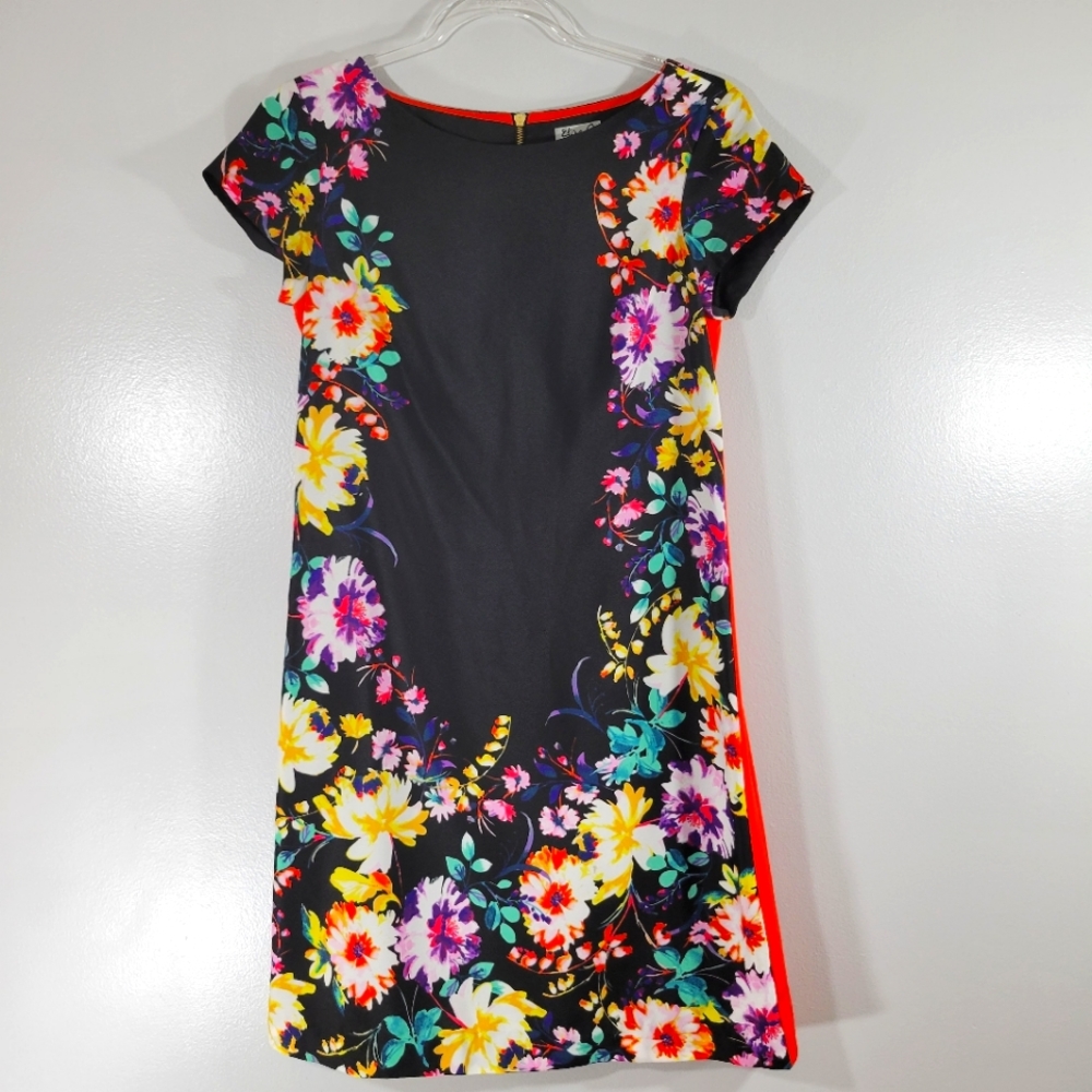 ELIZA J black floral cap sleeve gold zipper lined retro spring shift dress